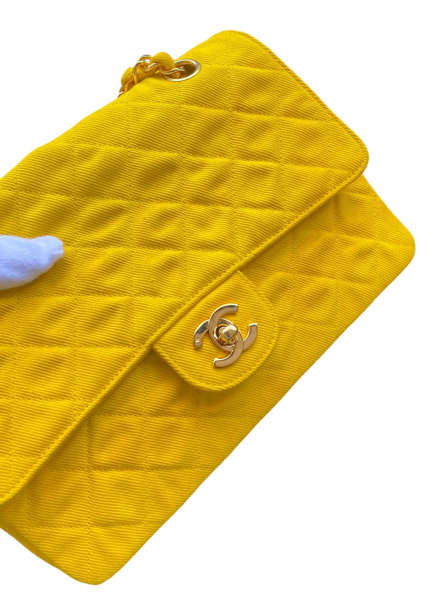 Vintage Chanel 90’s Yellow Denim Medium Classic Flap Bag 24K Gold Hardware