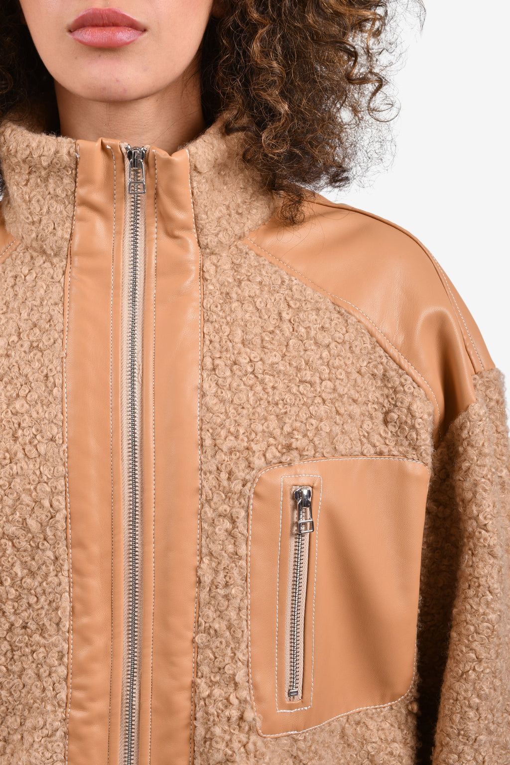 Staud Tan Faux Shearling/Leather-Trimmed Jacket Size M