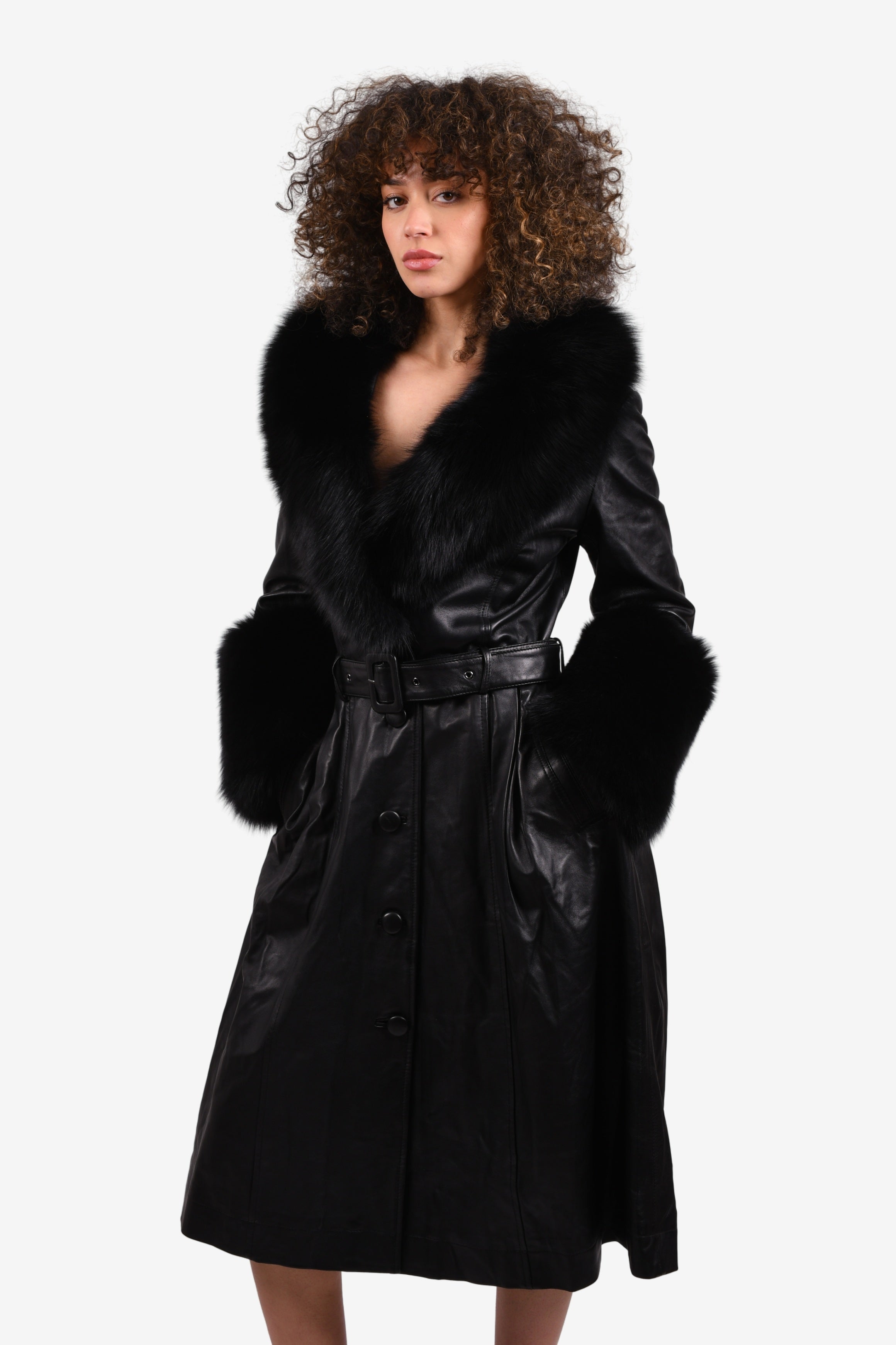 Saks Potts Black Leather/Fur Trimmed Belted Trench Size 2