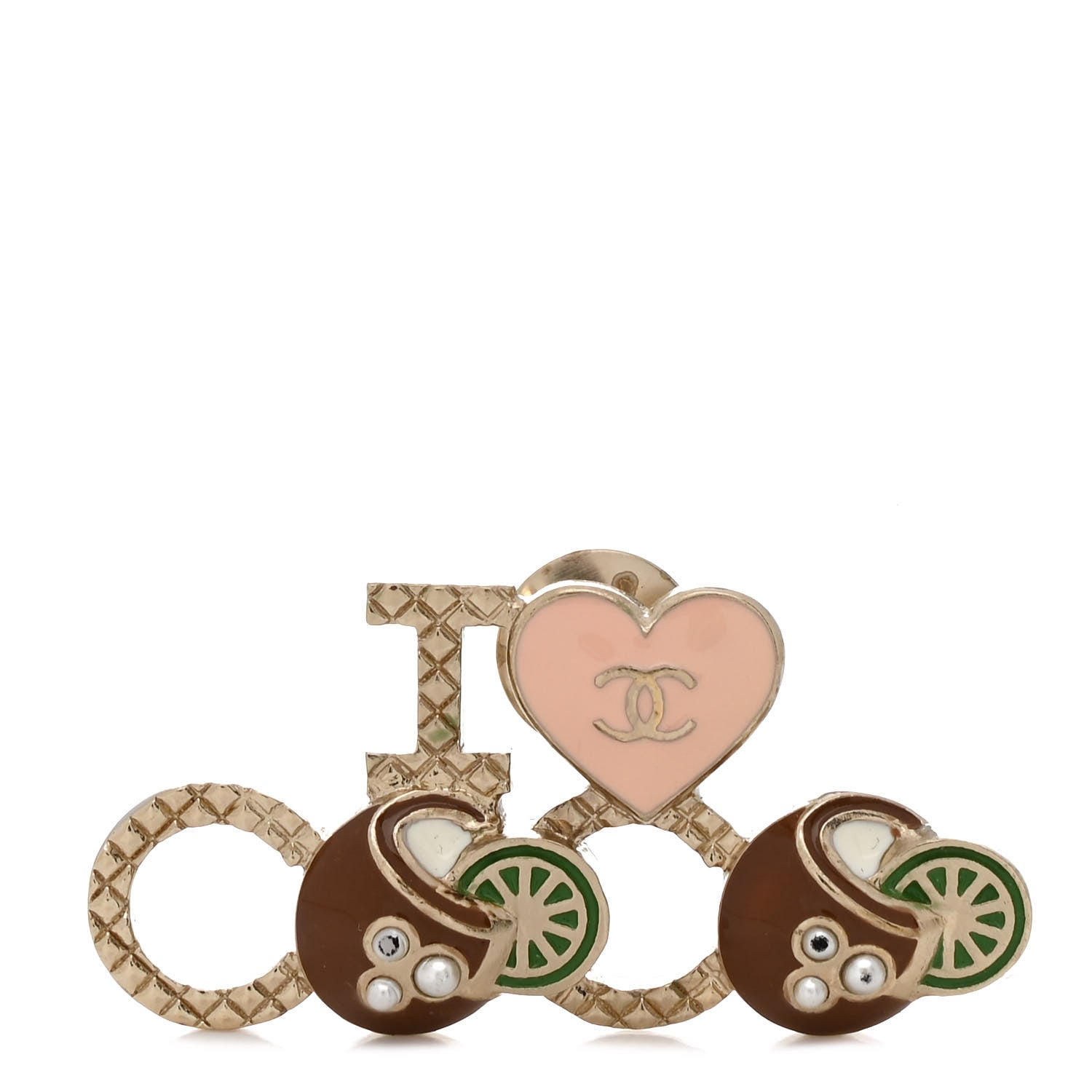 Metal Resin Pearl I Love Coco Brooch Gold Brown Pink