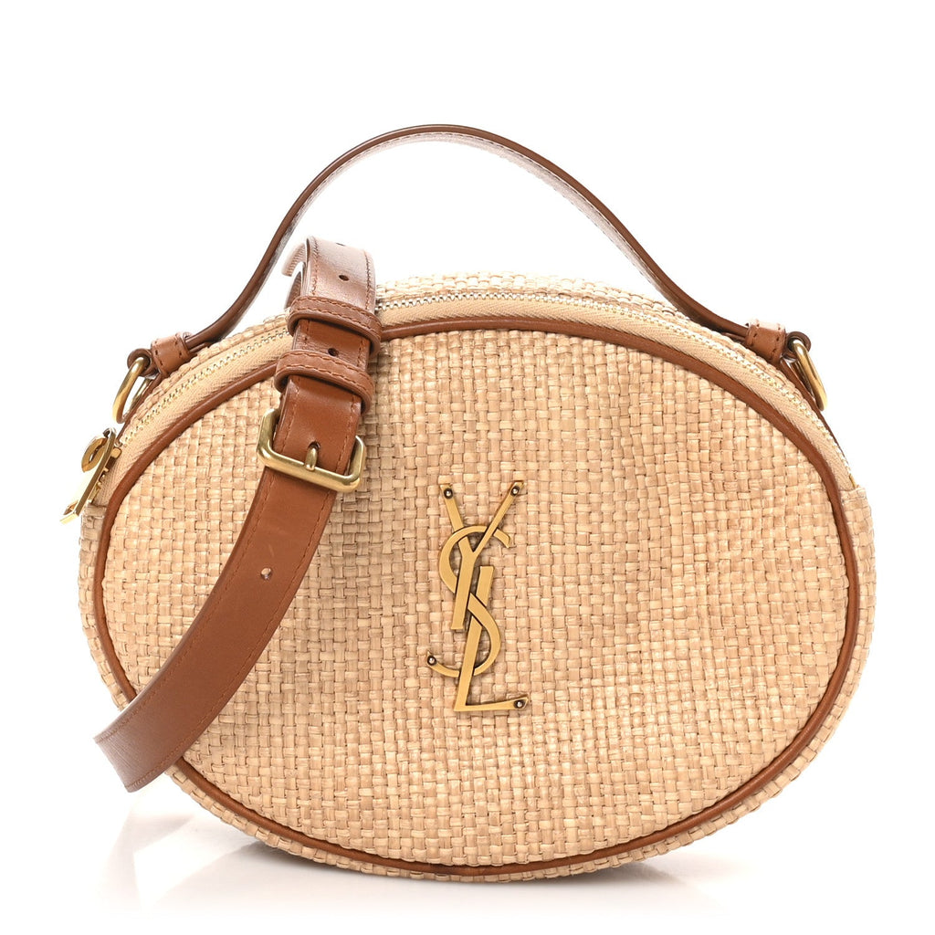 Raffia Calfskin Round Camera Bag Golden Ecru Brick
