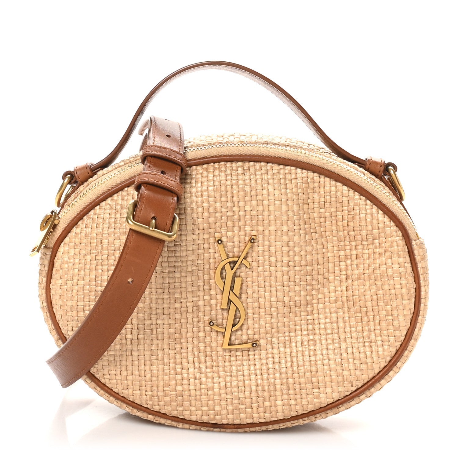 Raffia Calfskin Round Camera Bag Golden Ecru Brick