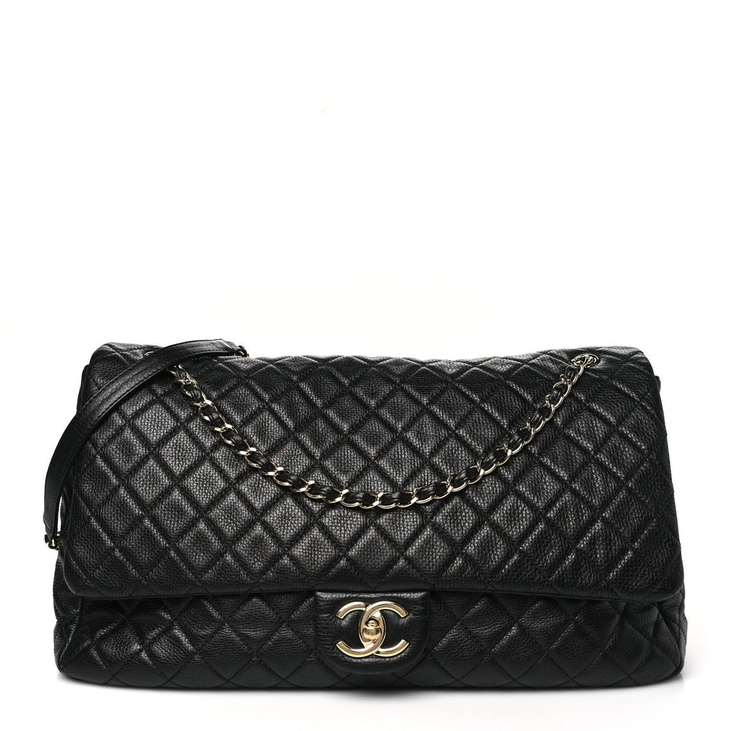 Calfskin Quilted XXL Travel Flap Bag Black