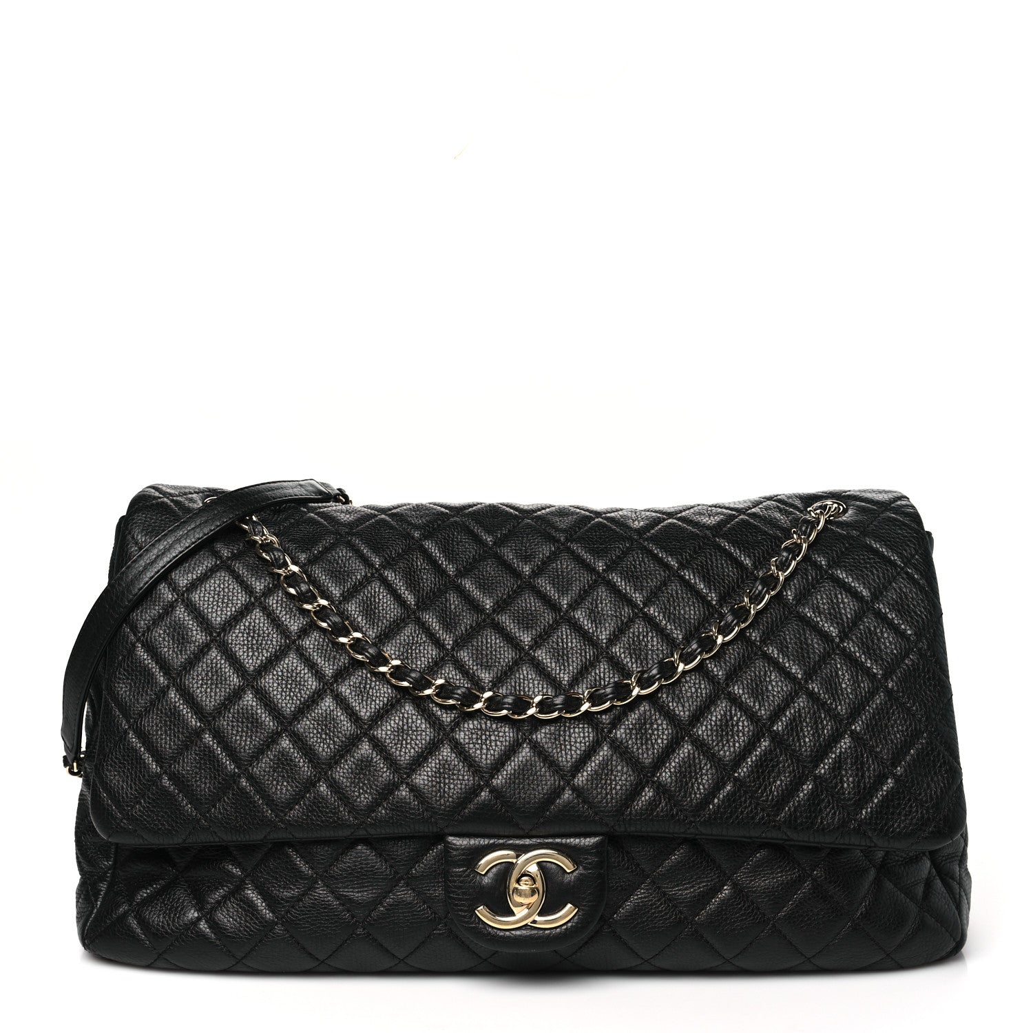 Calfskin Quilted XXL Travel Flap Bag Black