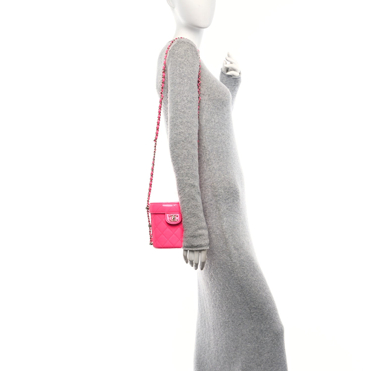 Patent Quilted CC Vani-Tea Case With Chain Neon Pink