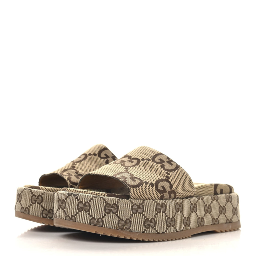 Monogram Maxi GG Angelina Platform 55mm Slide Sandals 38.5 Camel Ebony