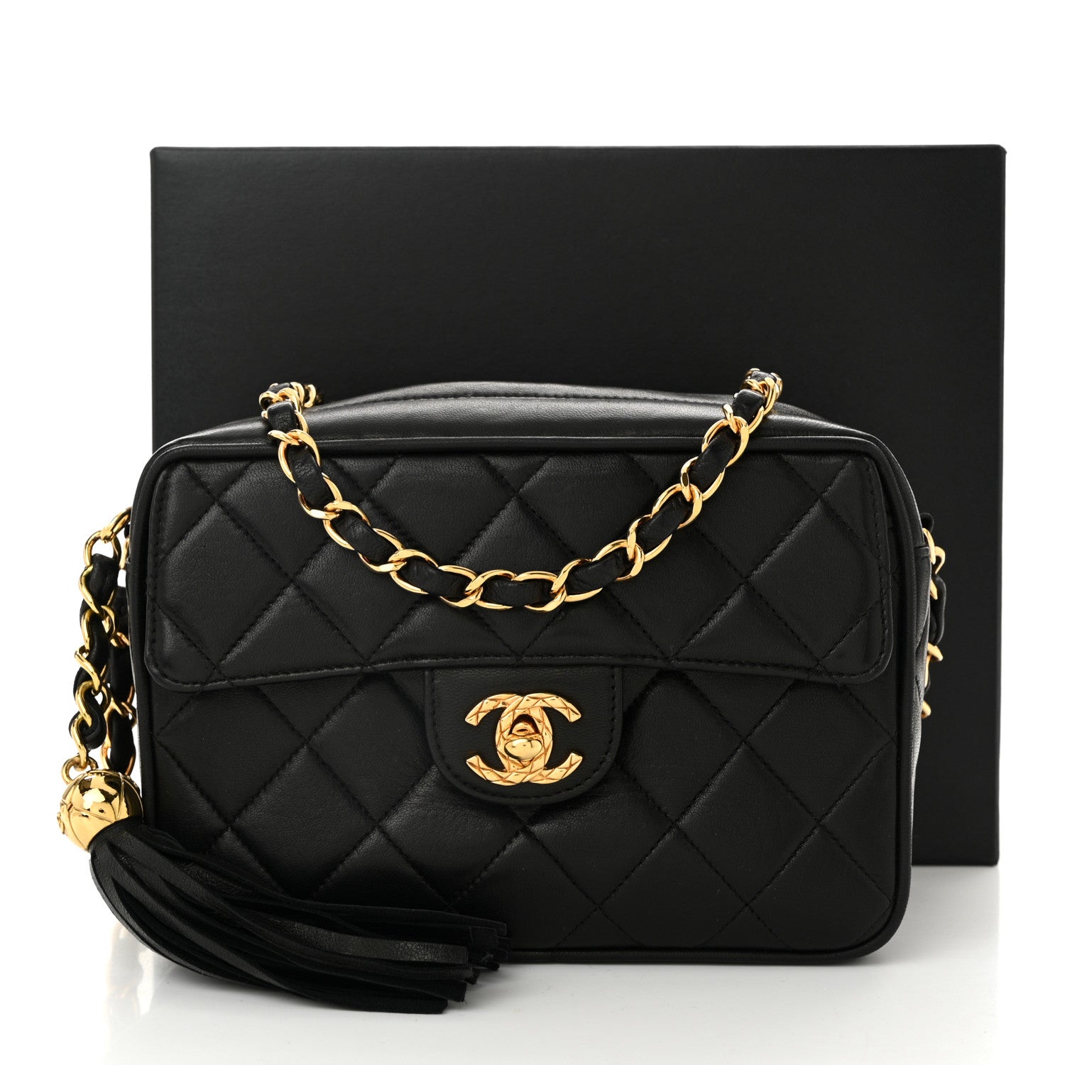 Lambskin Quilted Flap Camera Tassel Case Black