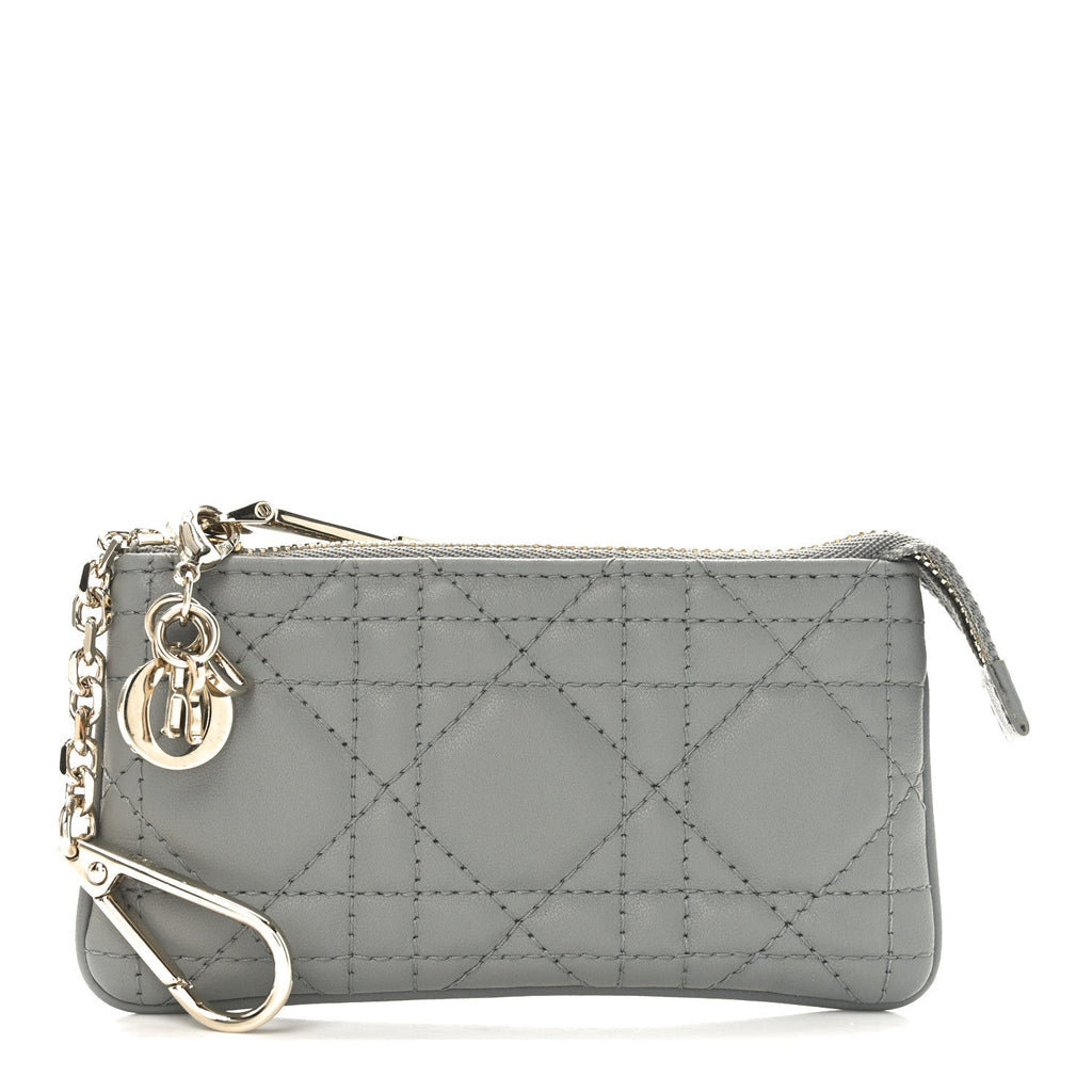 Lambskin Cannage Lady Dior Zipped Key Case Stone Grey