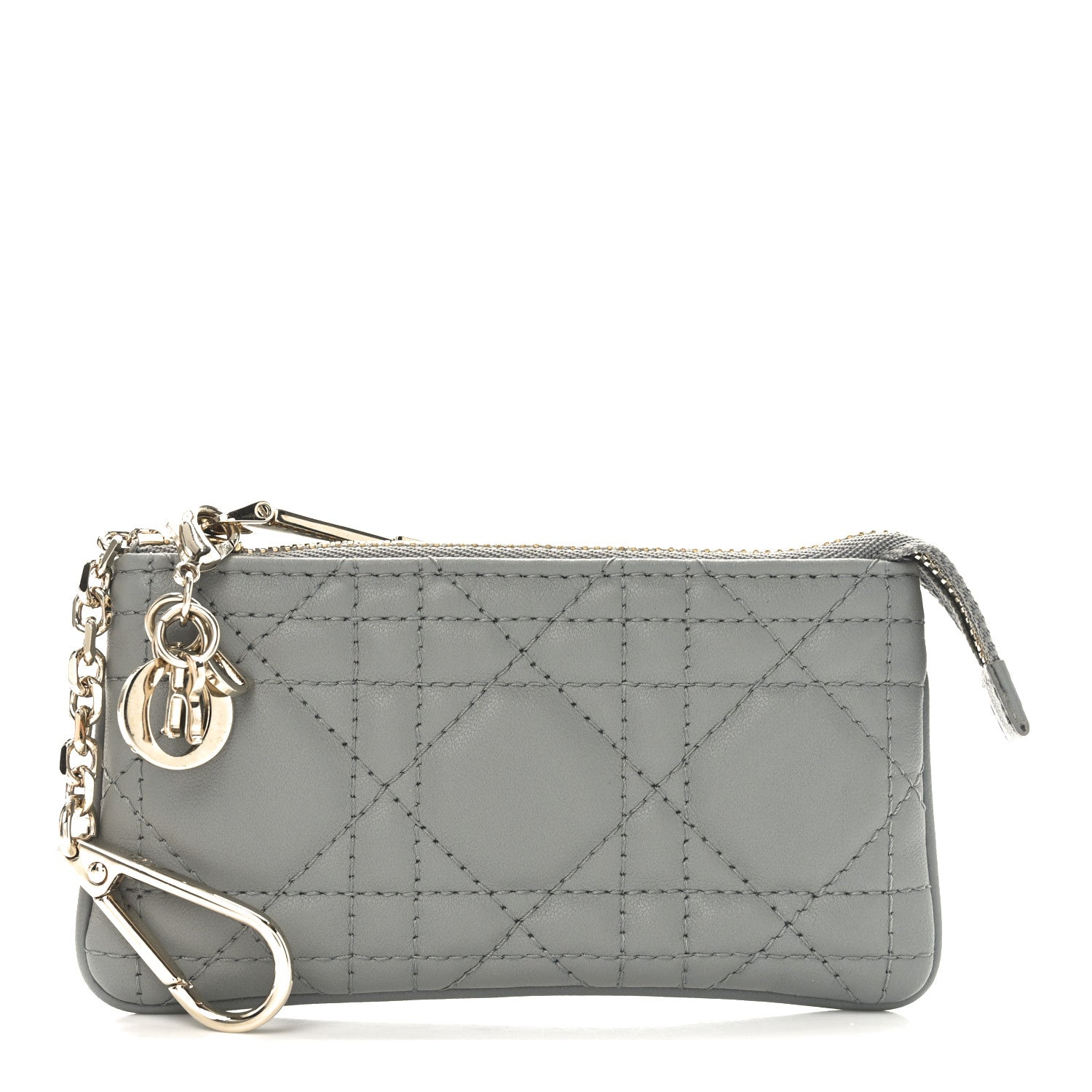 Lambskin Cannage Lady Dior Zipped Key Case Stone Grey