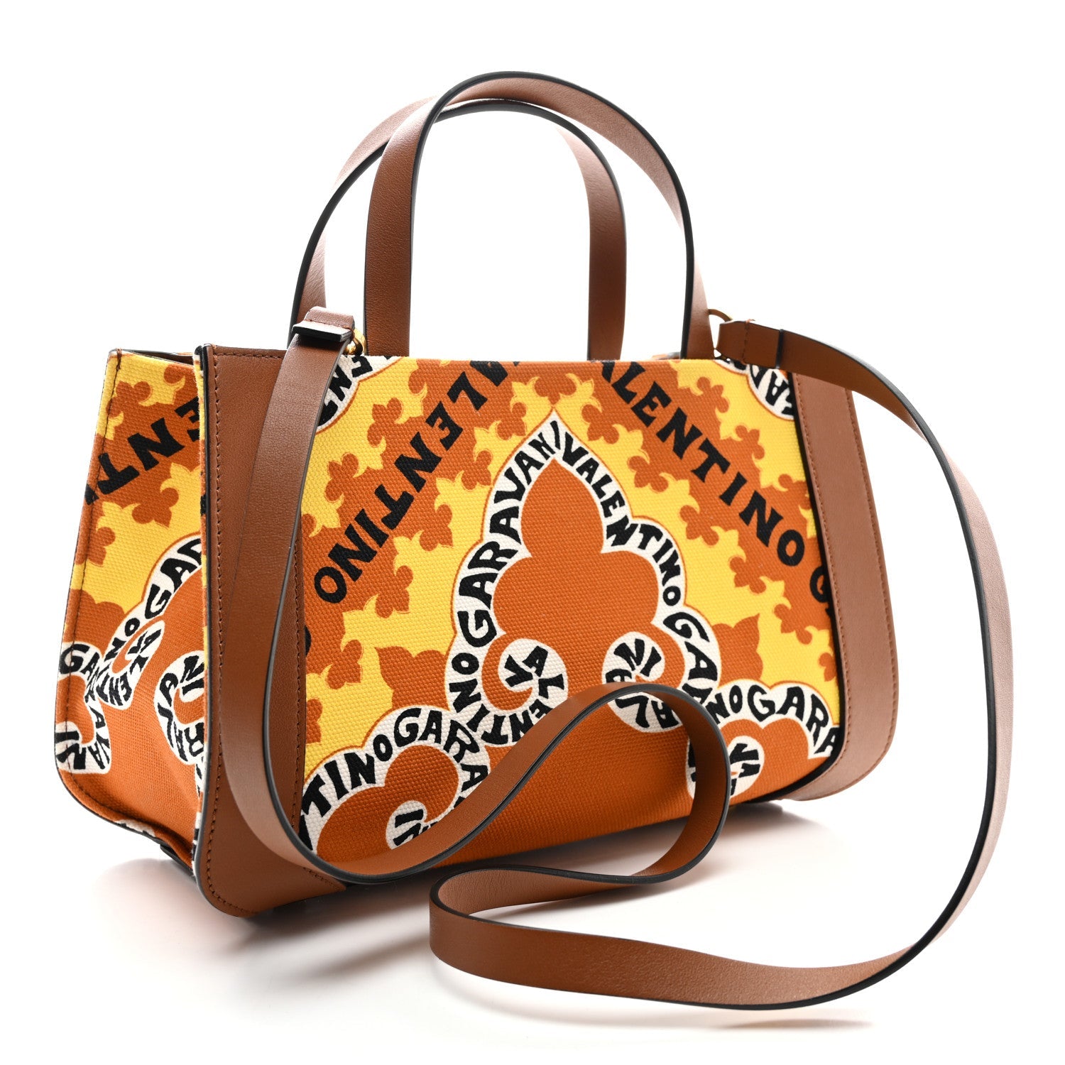 Canvas Calfskin Mini Bandana Print Small Vlogo Signature Tote Saddle Brown Multicolor