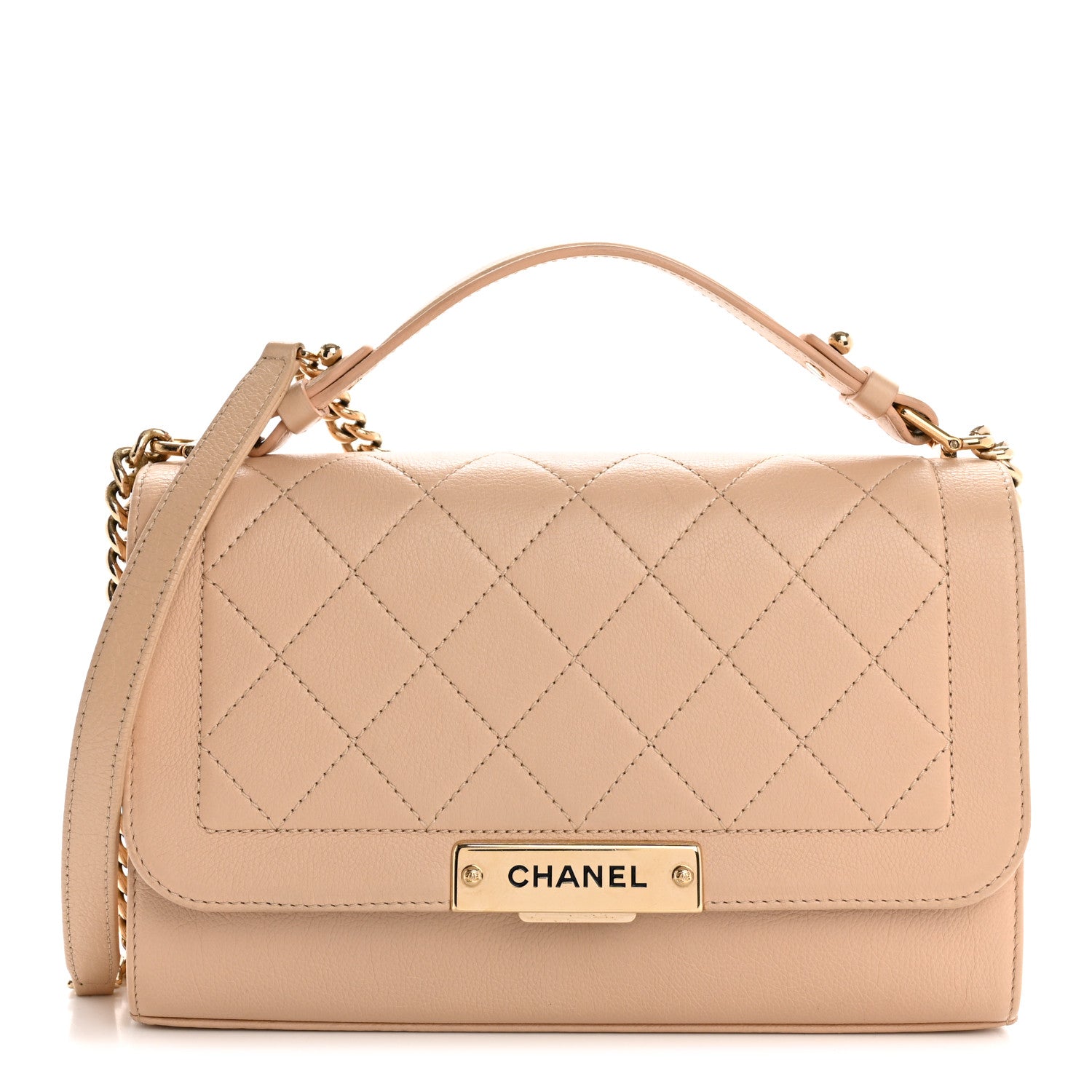 Grained Calfskin Quilted Medium Label Click Flap Bag Beige