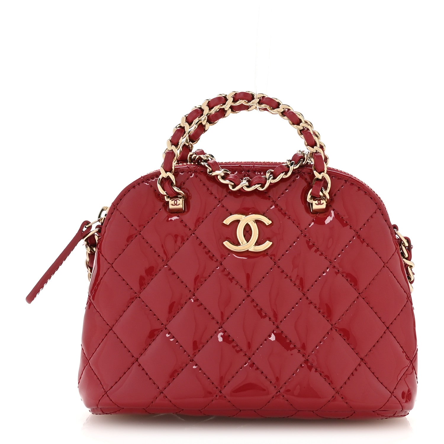 Patent Calfskin Quilted Shiny Coco Clutch With Chain Red