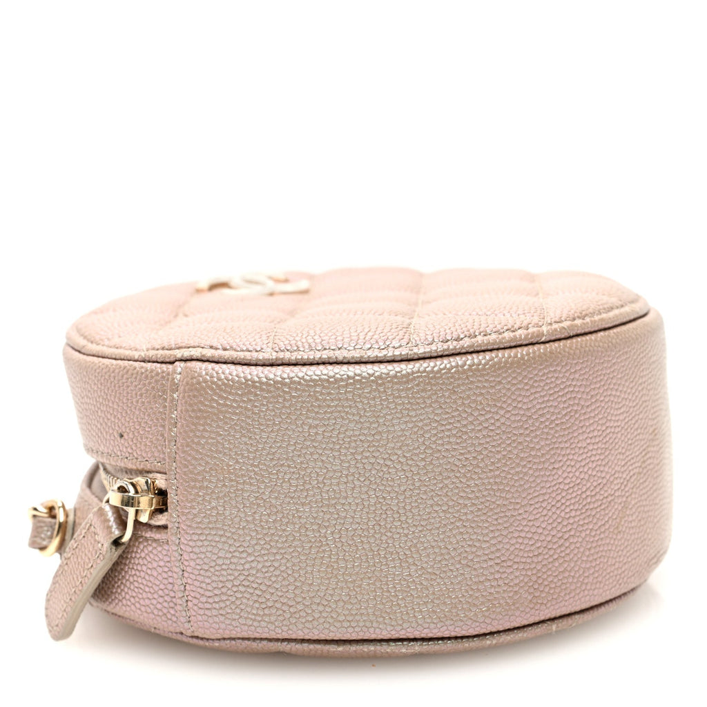 Iridescent Caviar Resin Quilted Round Clutch With Chain Beige
