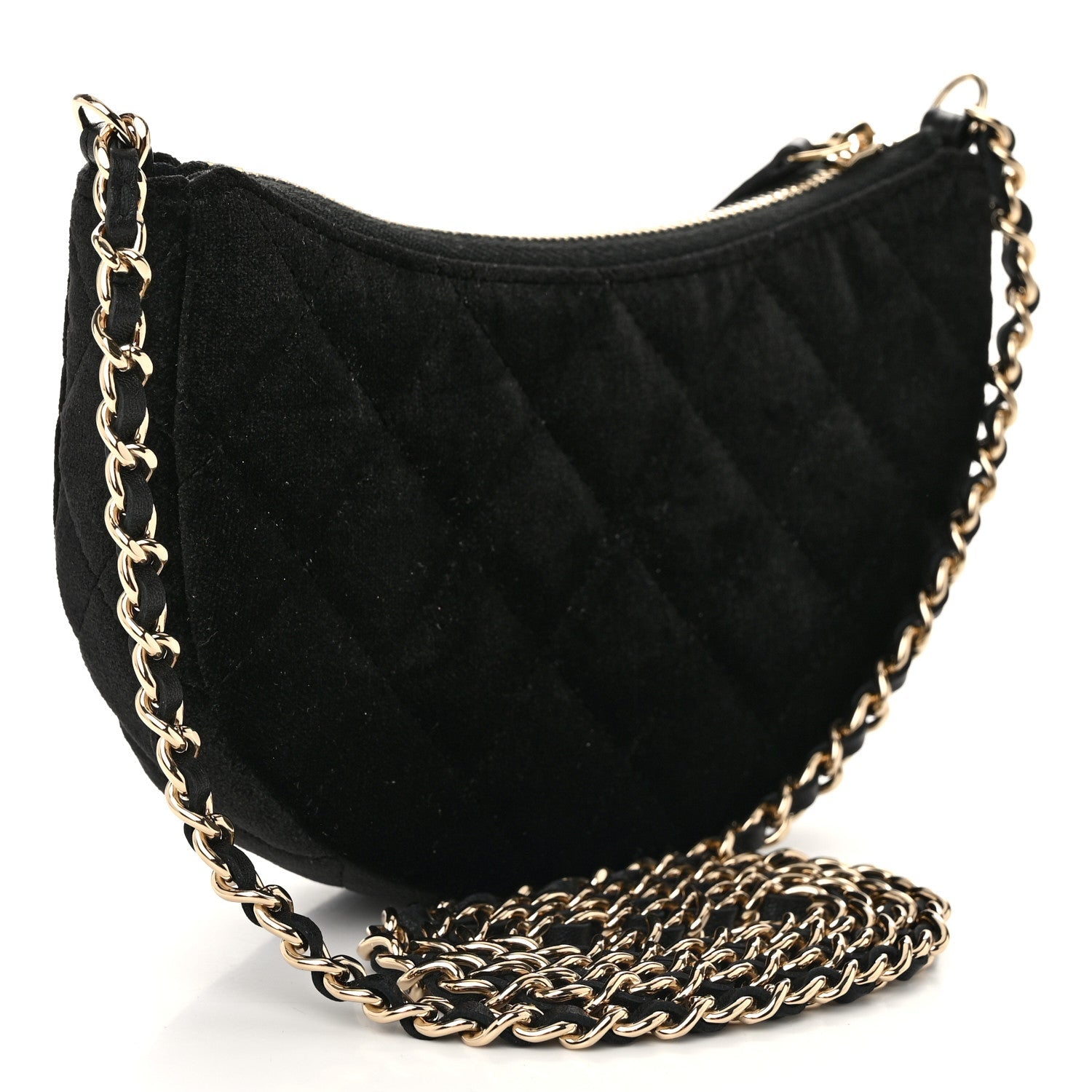 Velvet Crystal Quilted Chain Hobo Black