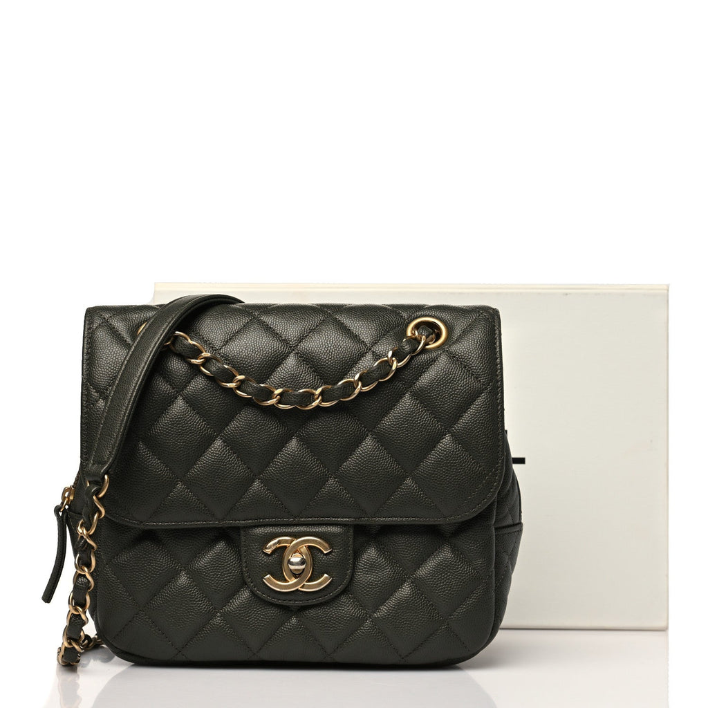 Caviar Quilted Zip Flap Khaki