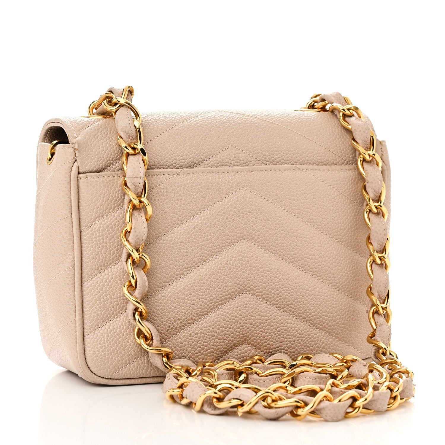 Caviar Chevron Quilted Mini Square Flap Light Beige
