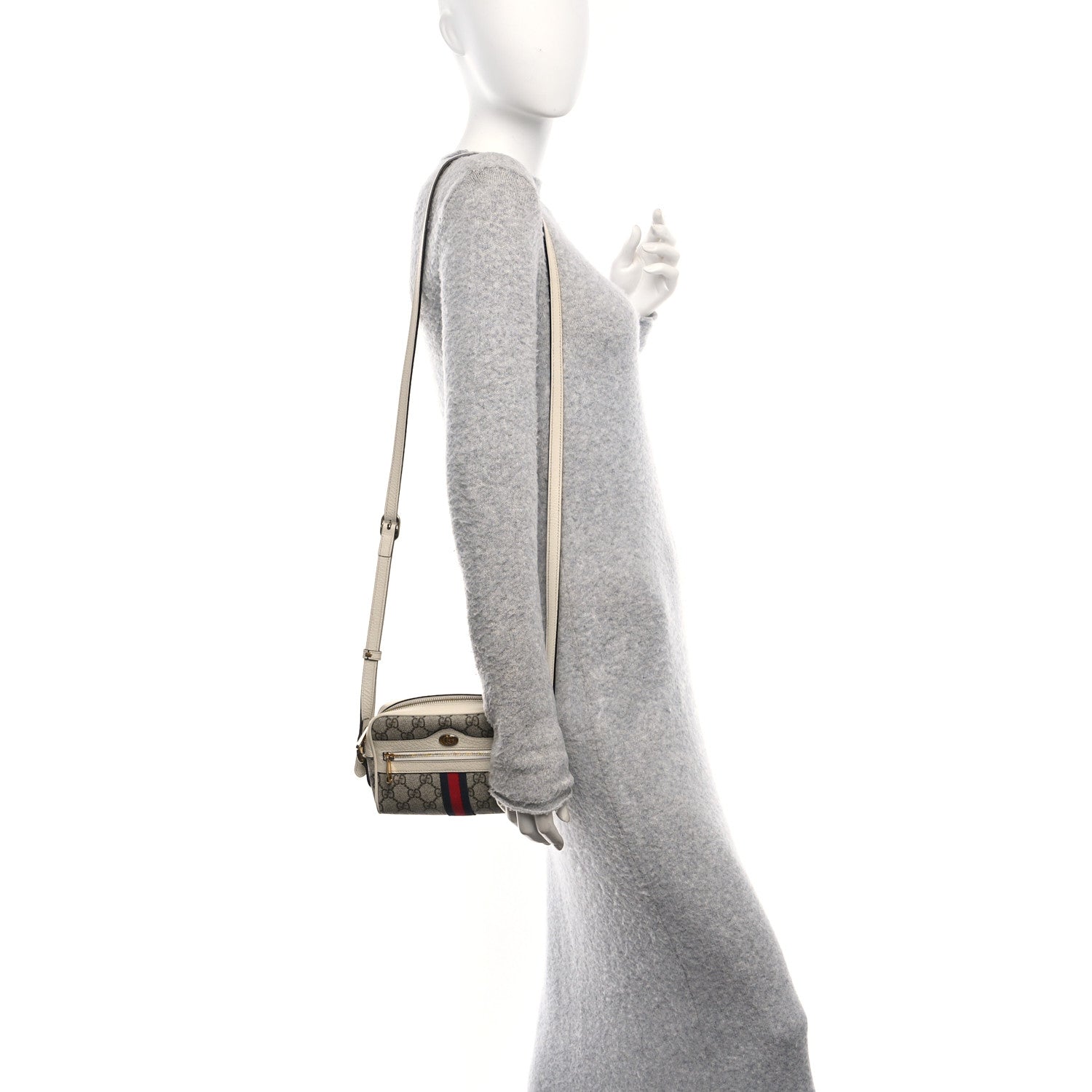 GG Supreme Monogram Textured Calfskin Web Mini Ophidia Shoulder Bag Beige Ebony Mystic White