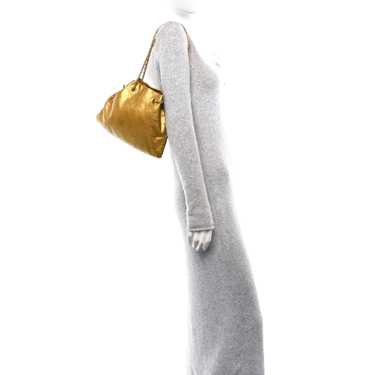 Metallic Calfskin Quilted Small Drawstring Bag Gold