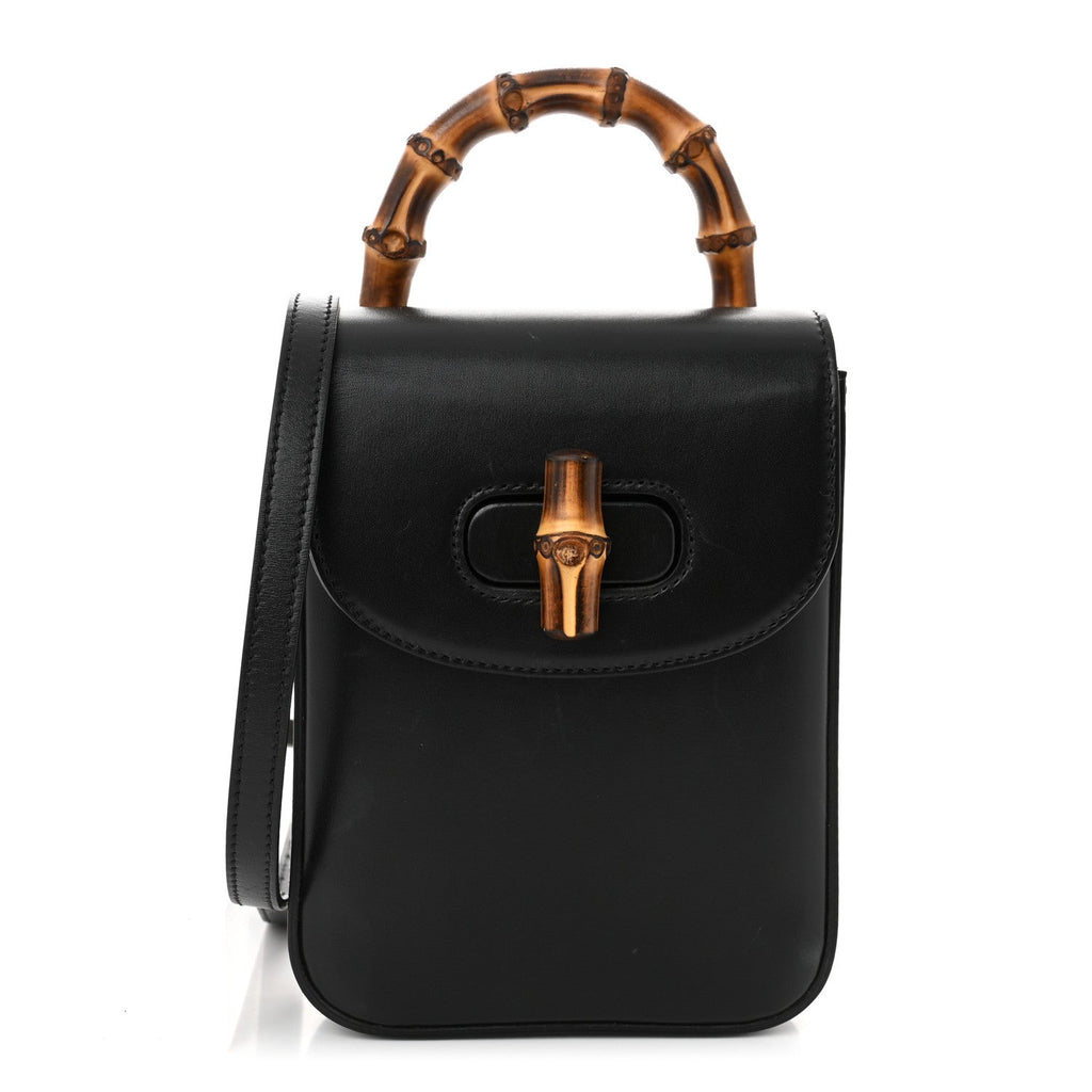 Calfskin Mini Bamboo Top Handle 3 Way Shoulder Bag  Black