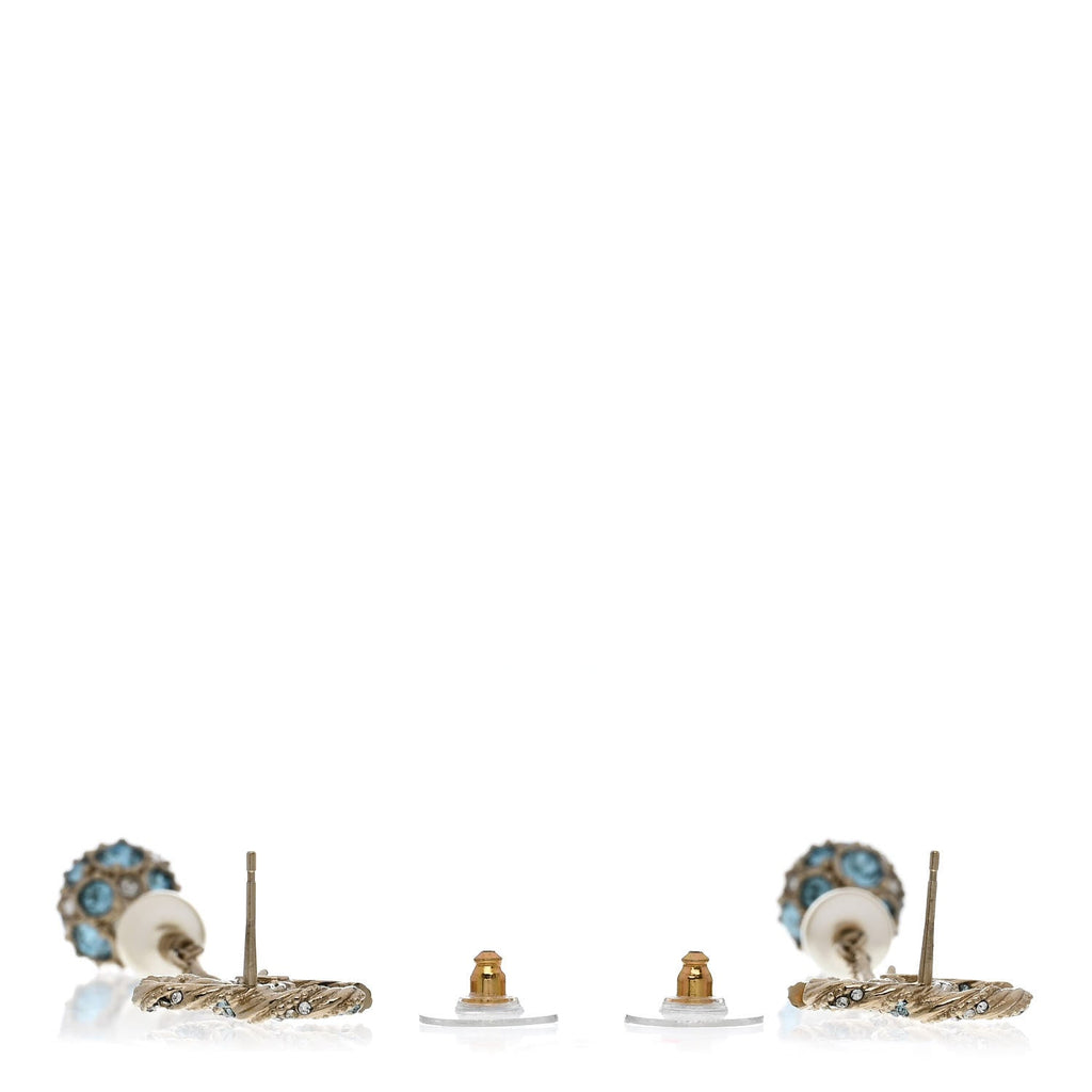 Crystal Pearl CC Ball Chain Drop Earrings Gold Blue