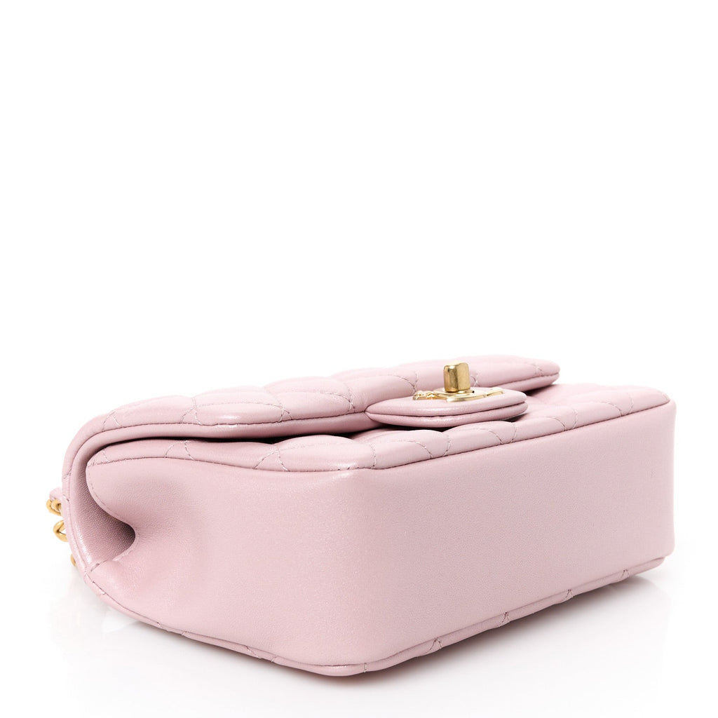 Shiny Lambskin Quilted Pearl Twist Mini Square Flap Light Pink