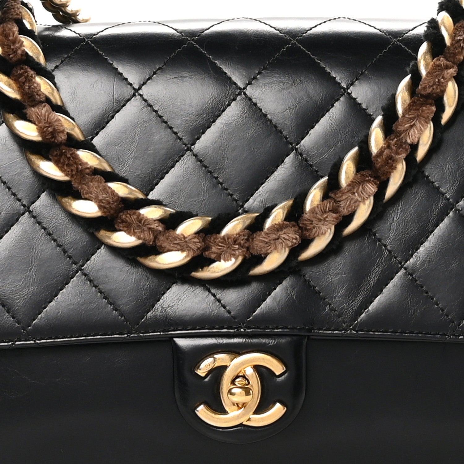 Aged Glazed Calfskin Quilted Straight Lined Flap Black