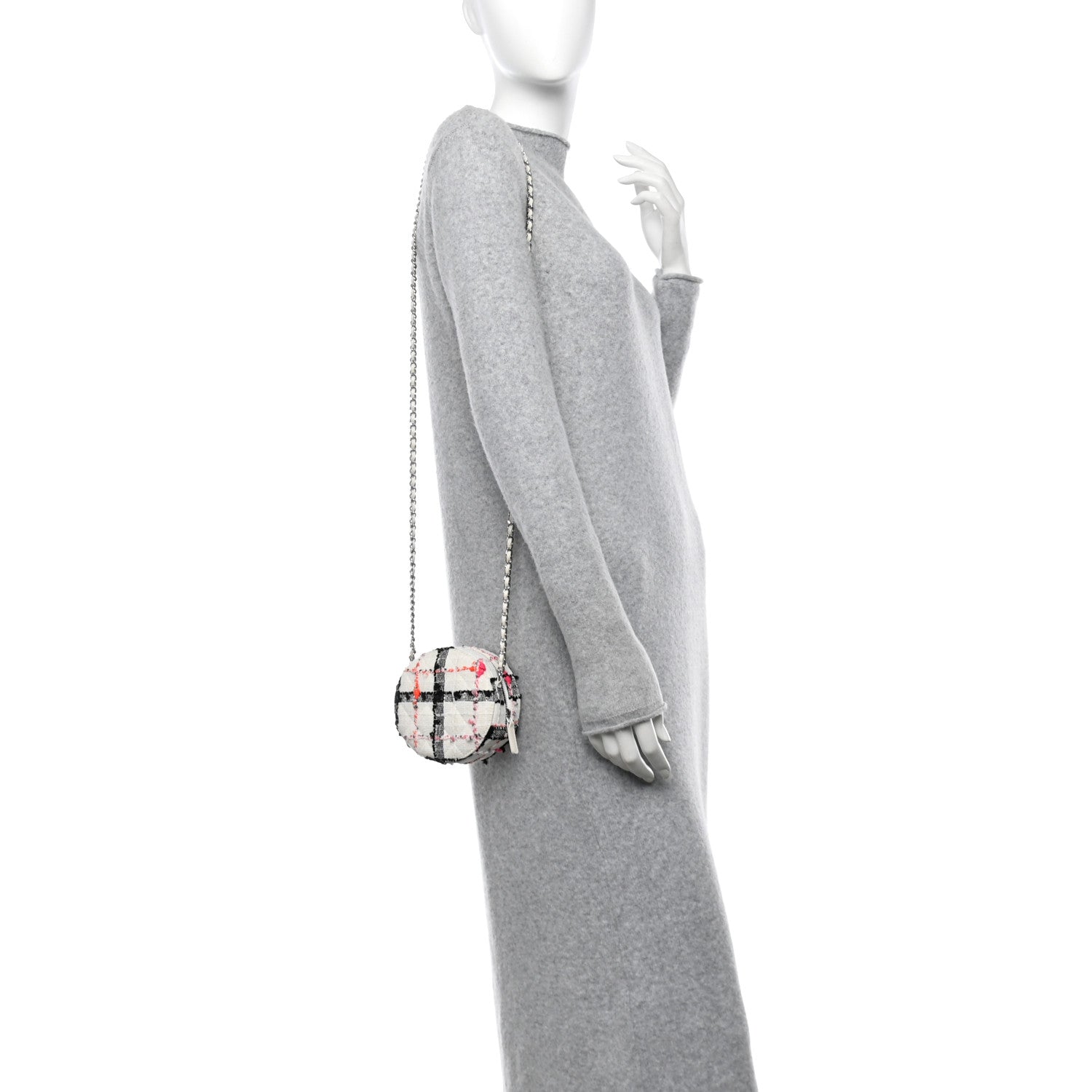 Tweed Quilted Round Clutch With Chain Black White Multicolor