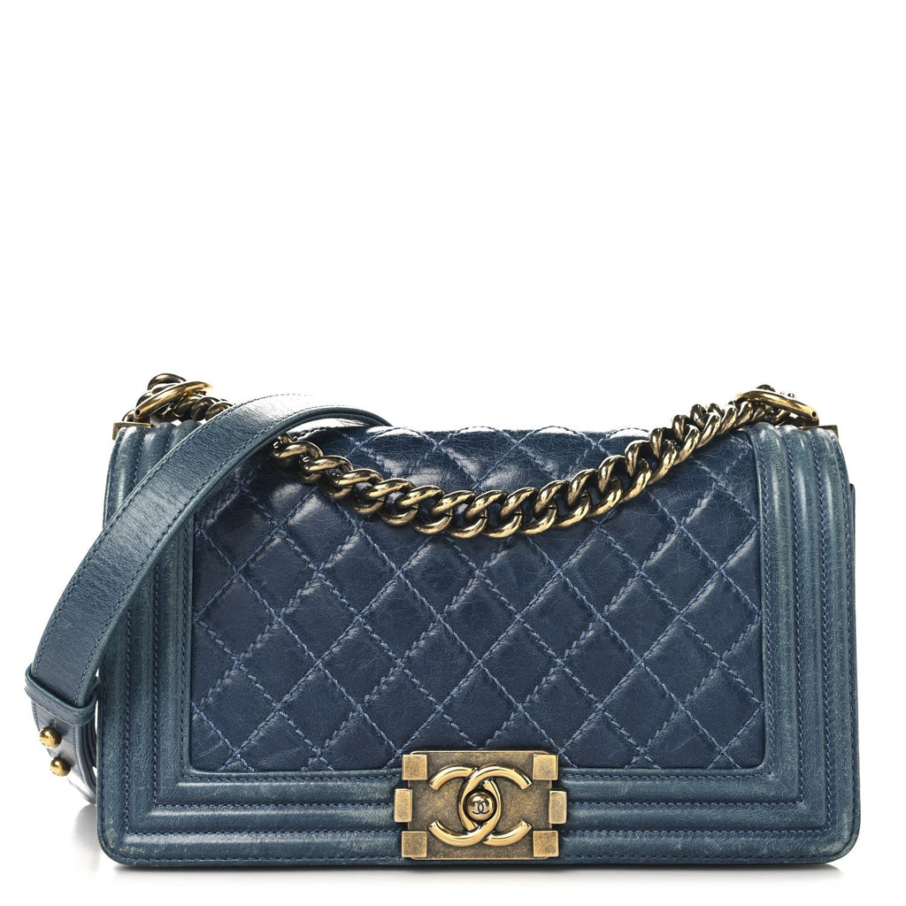 Aged Calfskin Quilted Medium Boy Flap Blue