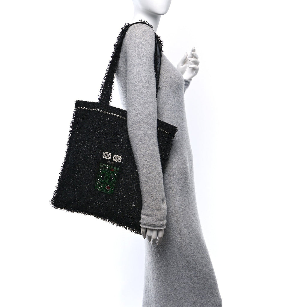 Tweed Resin Strass Large Robot Shopping Bag Black