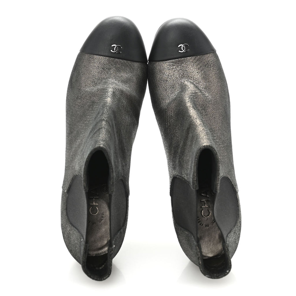 Embossed Lambskin Calfskin CC Cap Toe Ankle Boots 40 Argent Fonce Black