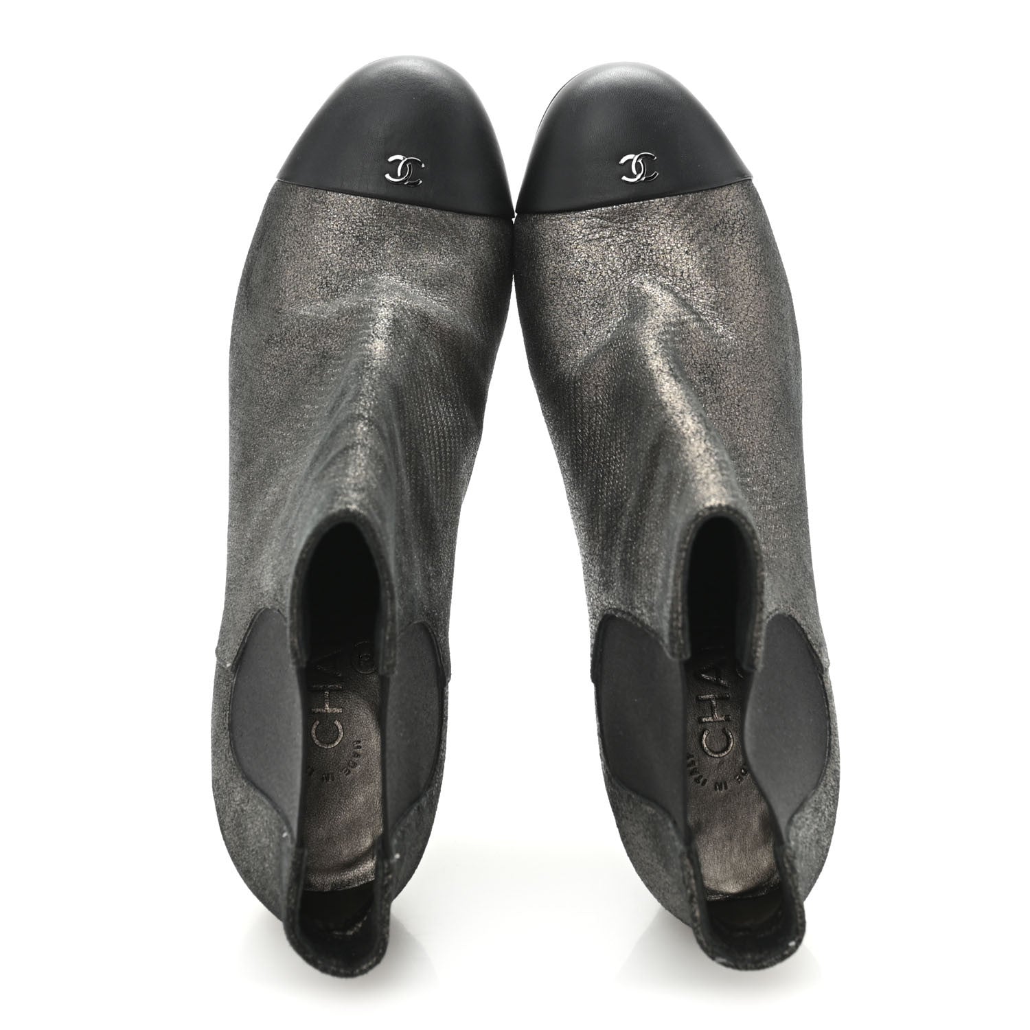 Embossed Lambskin Calfskin CC Cap Toe Ankle Boots 40 Argent Fonce Black