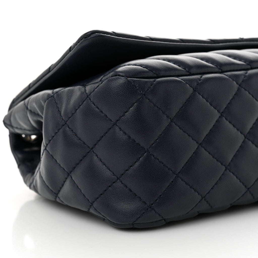 Lambskin Chevron Quilted Single Flap Navy Blue