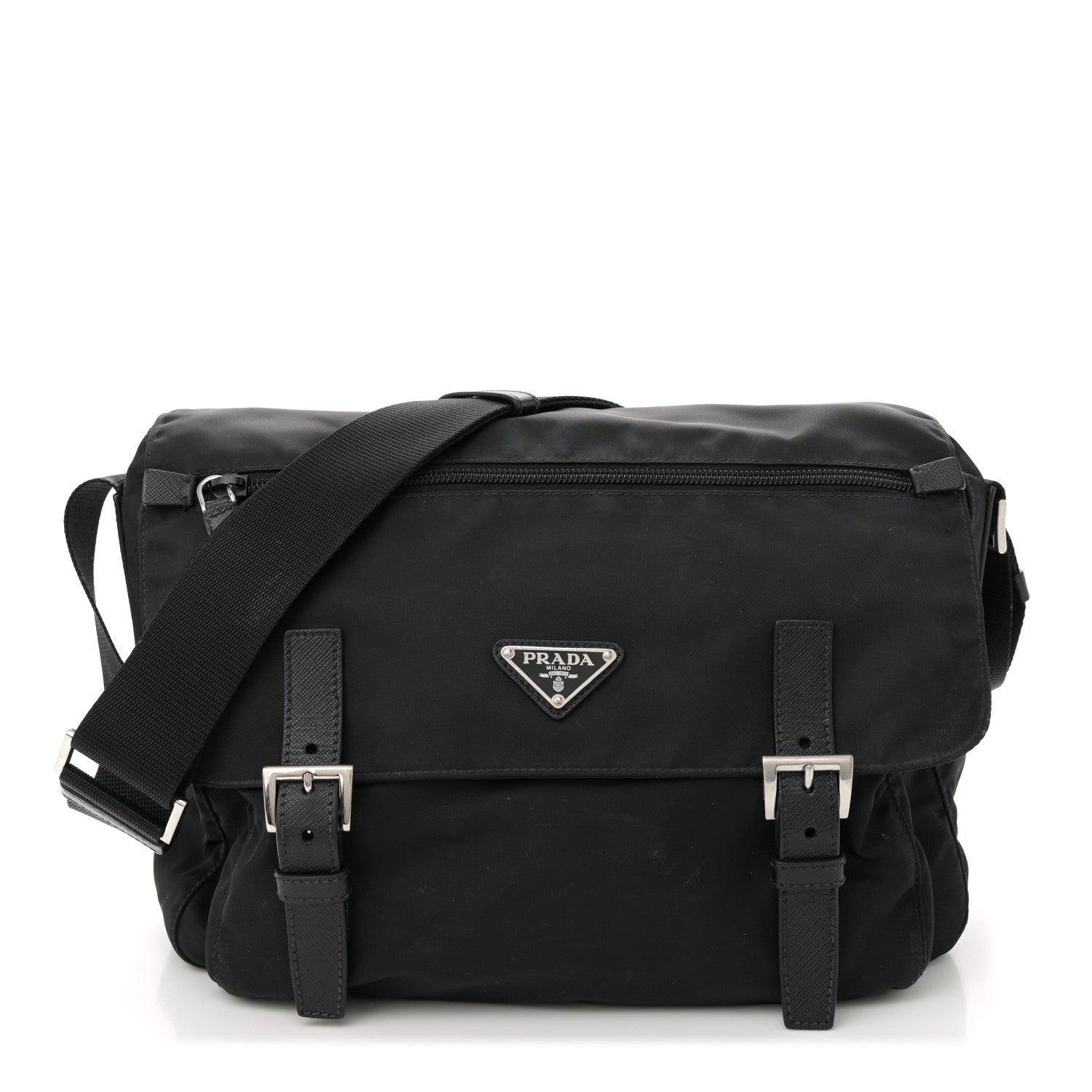 Tessuto Nylon Saffiano Double Buckle Messenger Shoulder Bag Black