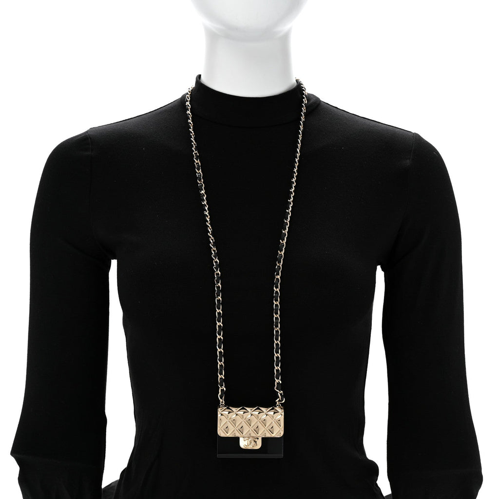 Metal Resin Lambskin Flap Bag Long Necklace Gold Black