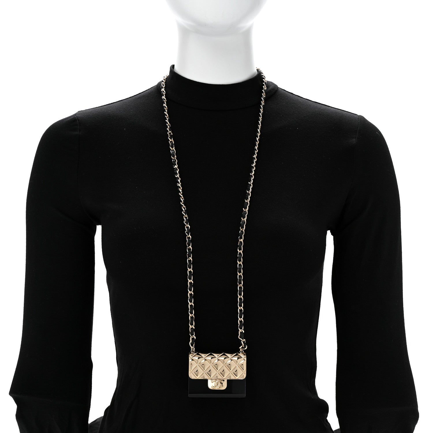 Metal Resin Lambskin Flap Bag Long Necklace Gold Black