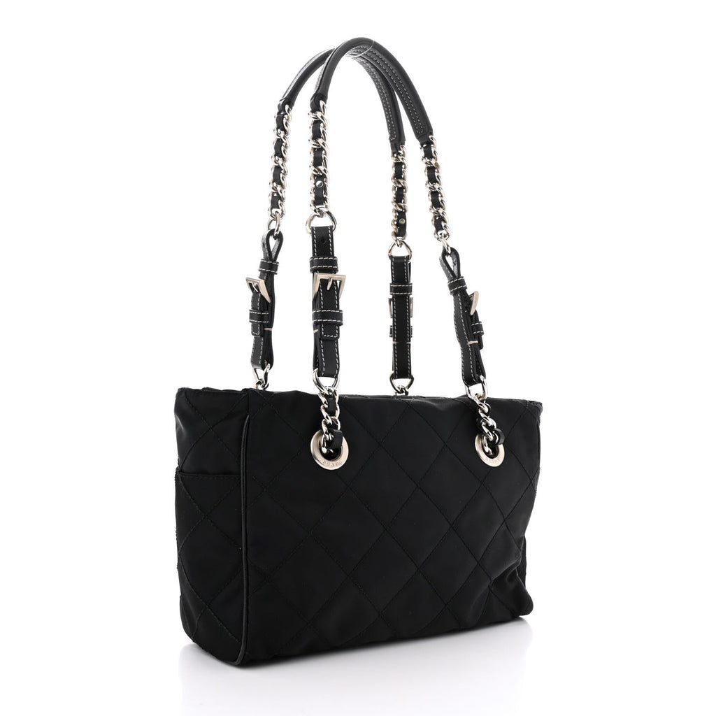 Nylon Tessuto Quilted Chain Shoulder Bag Black