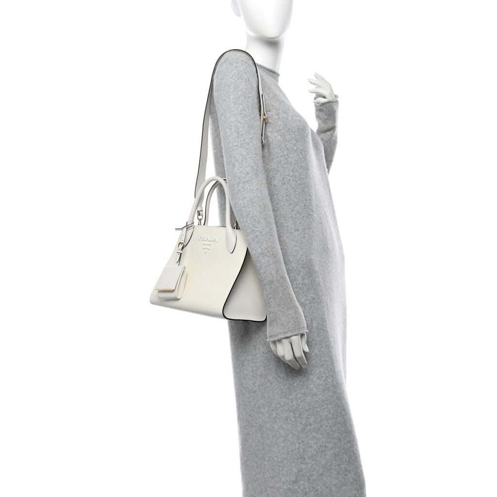 Saffiano Cuir Calfskin Small Monochrome Top Handle Tote White
