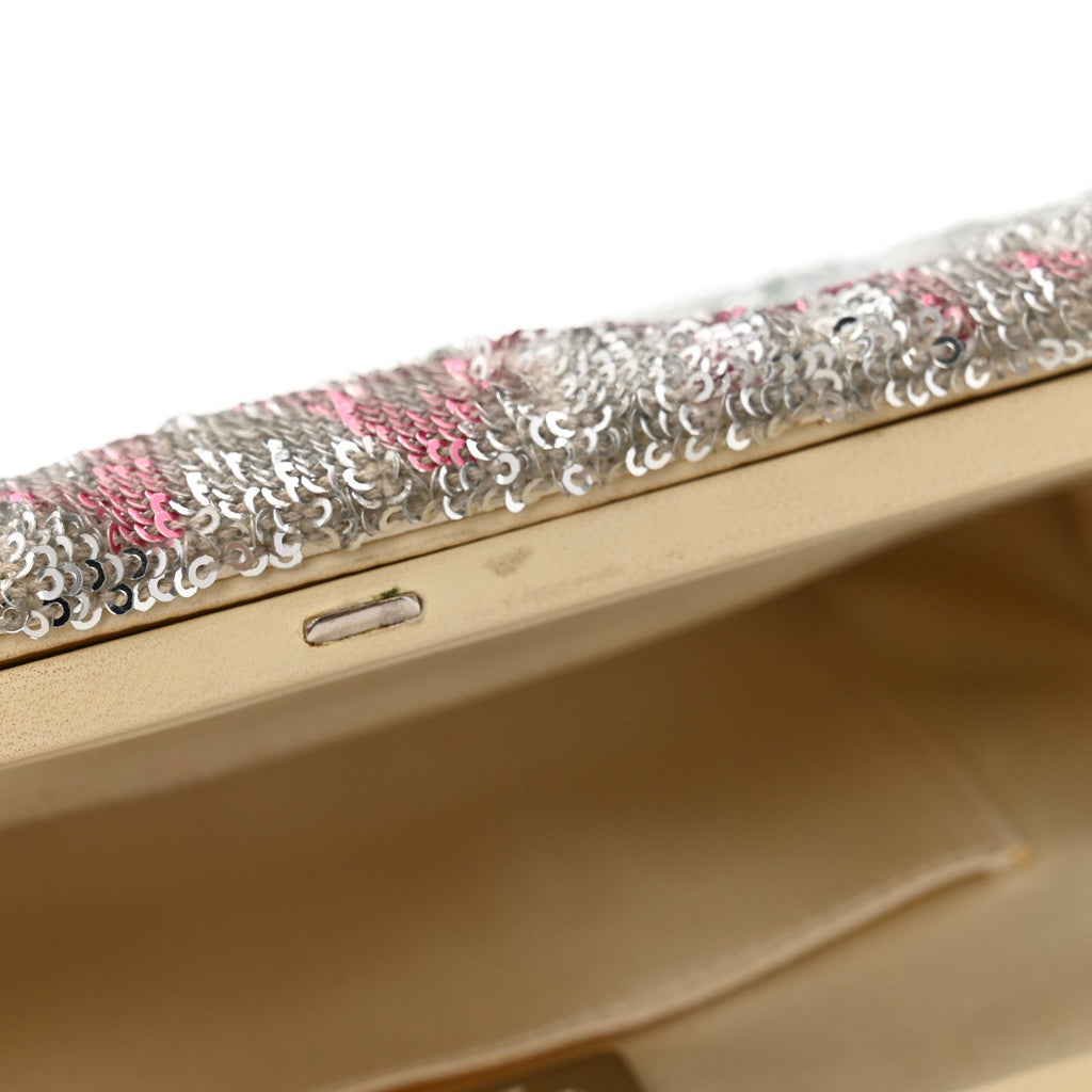 Sequin Satin Embroidered La Pausa Evening Clutch Silver Blue Pink
