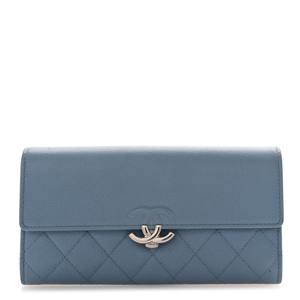 Grained Calfskin Quilted CC Box Flap Wallet Blue