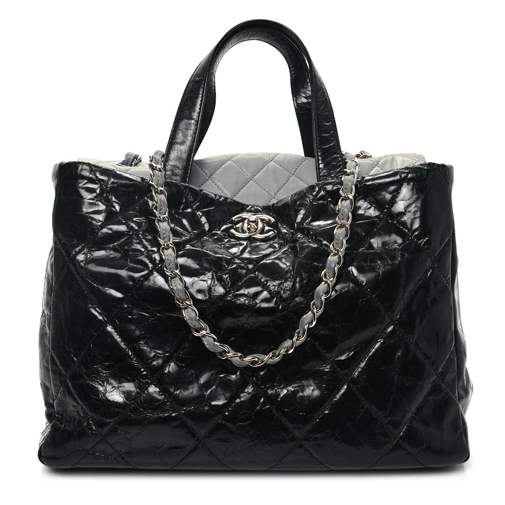 Glazed Calfskin Lambskin Quilted Portobello Tote Black Grey