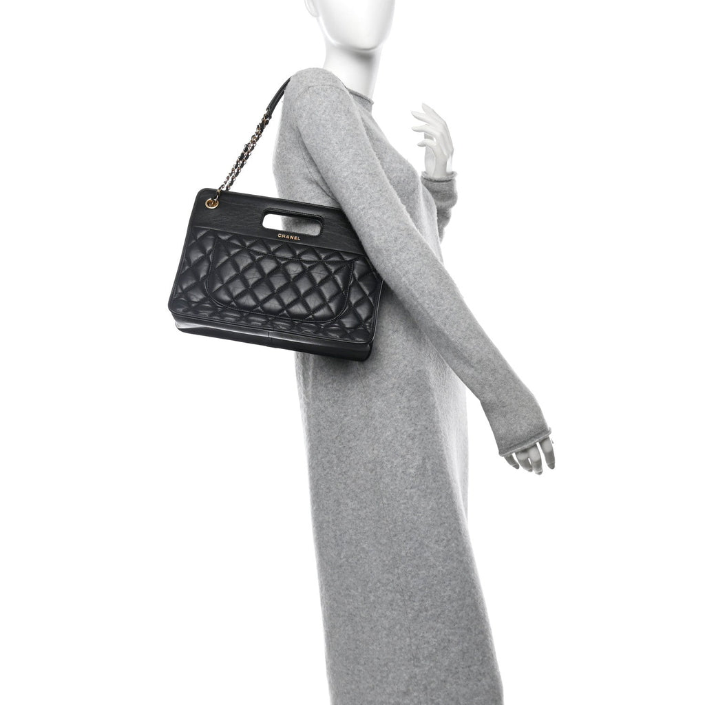 Aged Calfskin Quilted Graphic Catch Shopping Bag Black