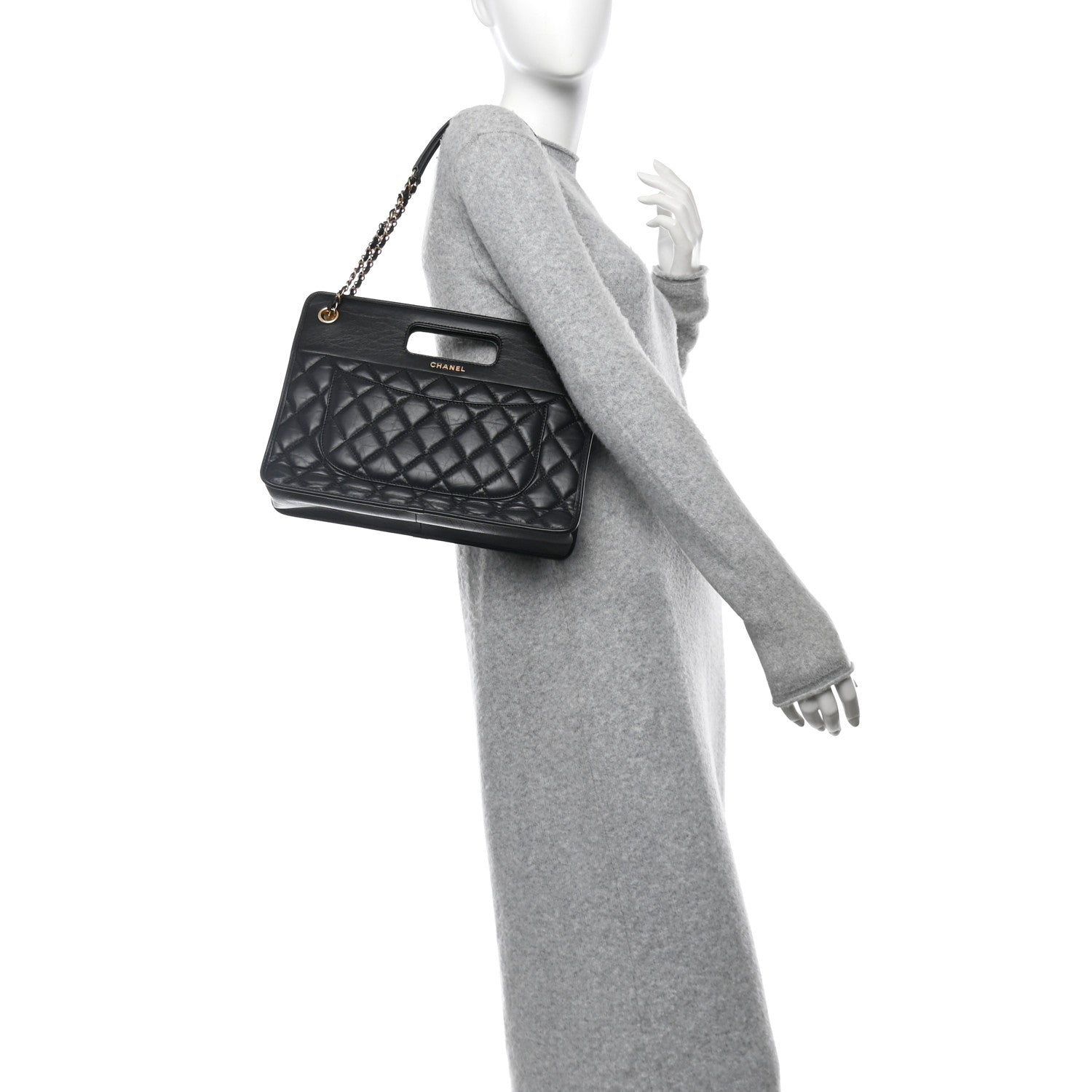 Aged Calfskin Quilted Graphic Catch Shopping Bag Black