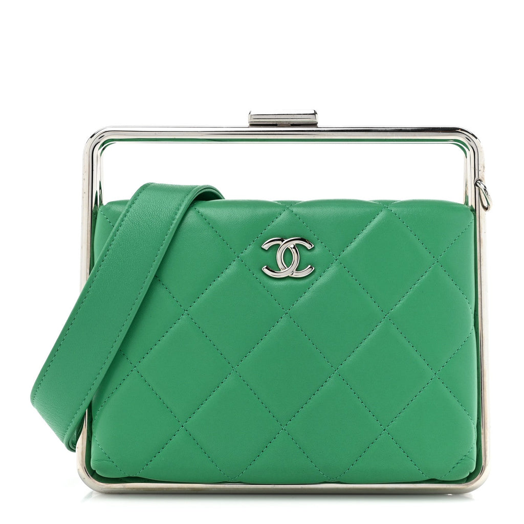 Quilted Lambskin Metal Bar Clutch Bag Green