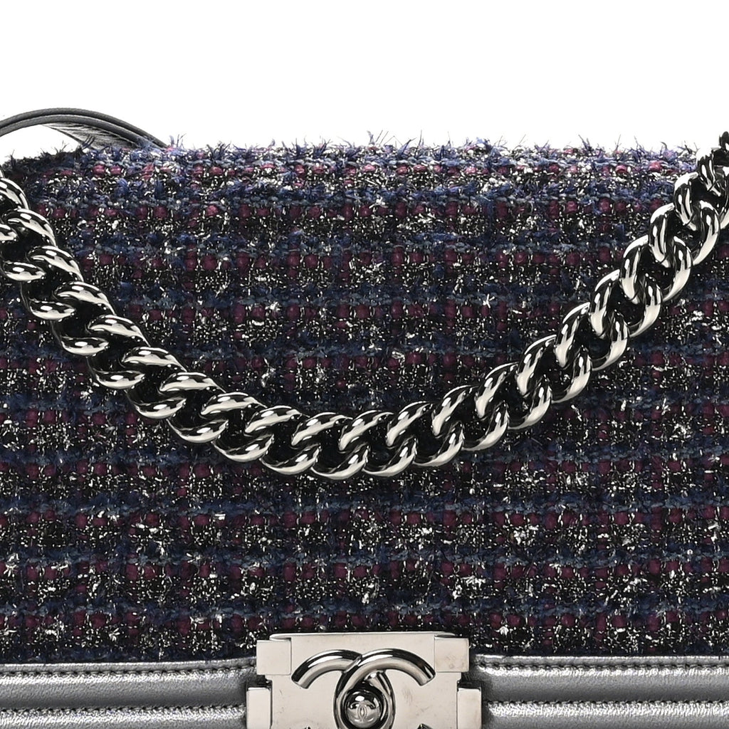 Tweed Metallic Lambskin Medium Boy Flap Silver