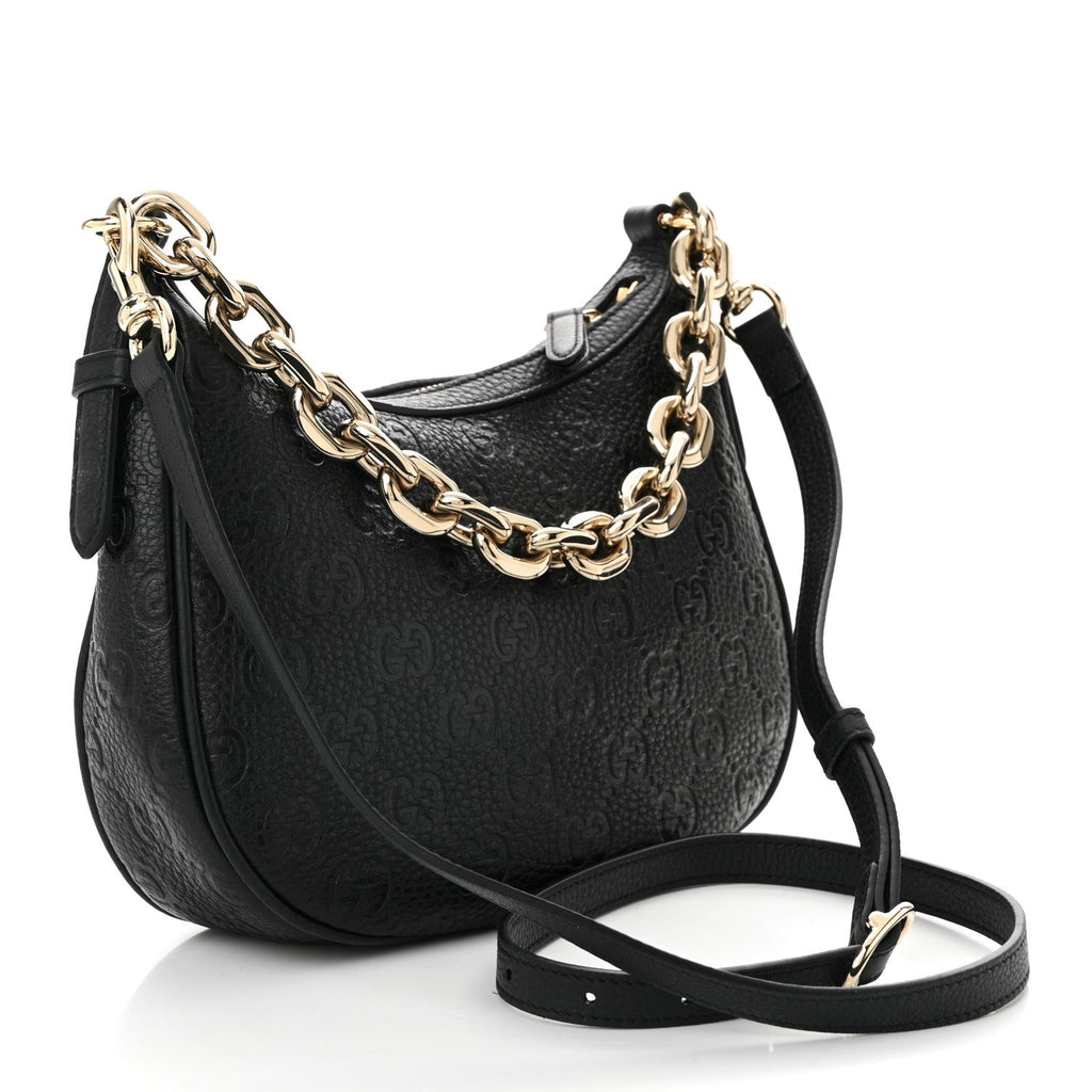 Grainy Calfskin GG Embossed Emblem Small Half Moon Shoulder Bag Black