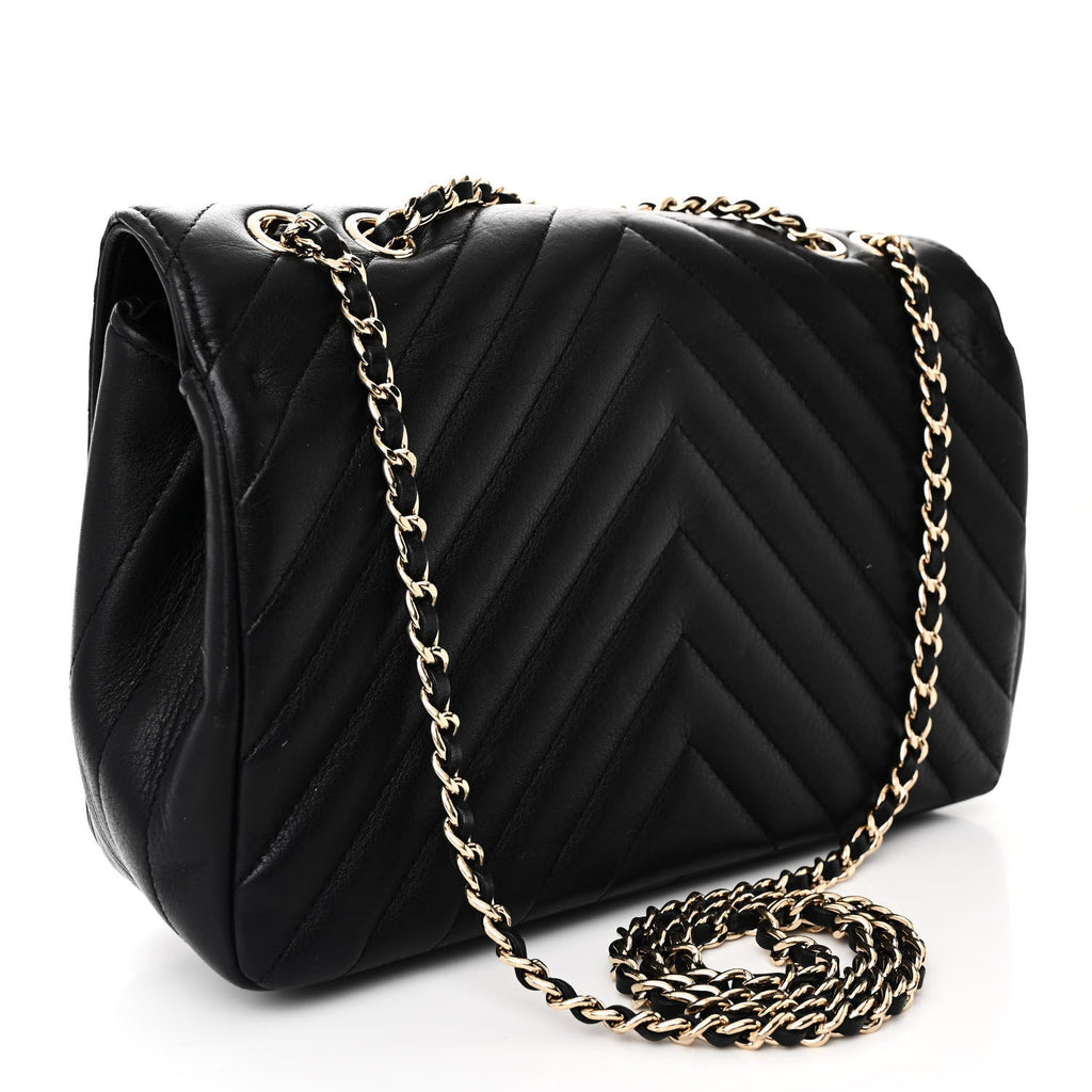 Calfskin Chevron Quilted Small Statement Flap Black