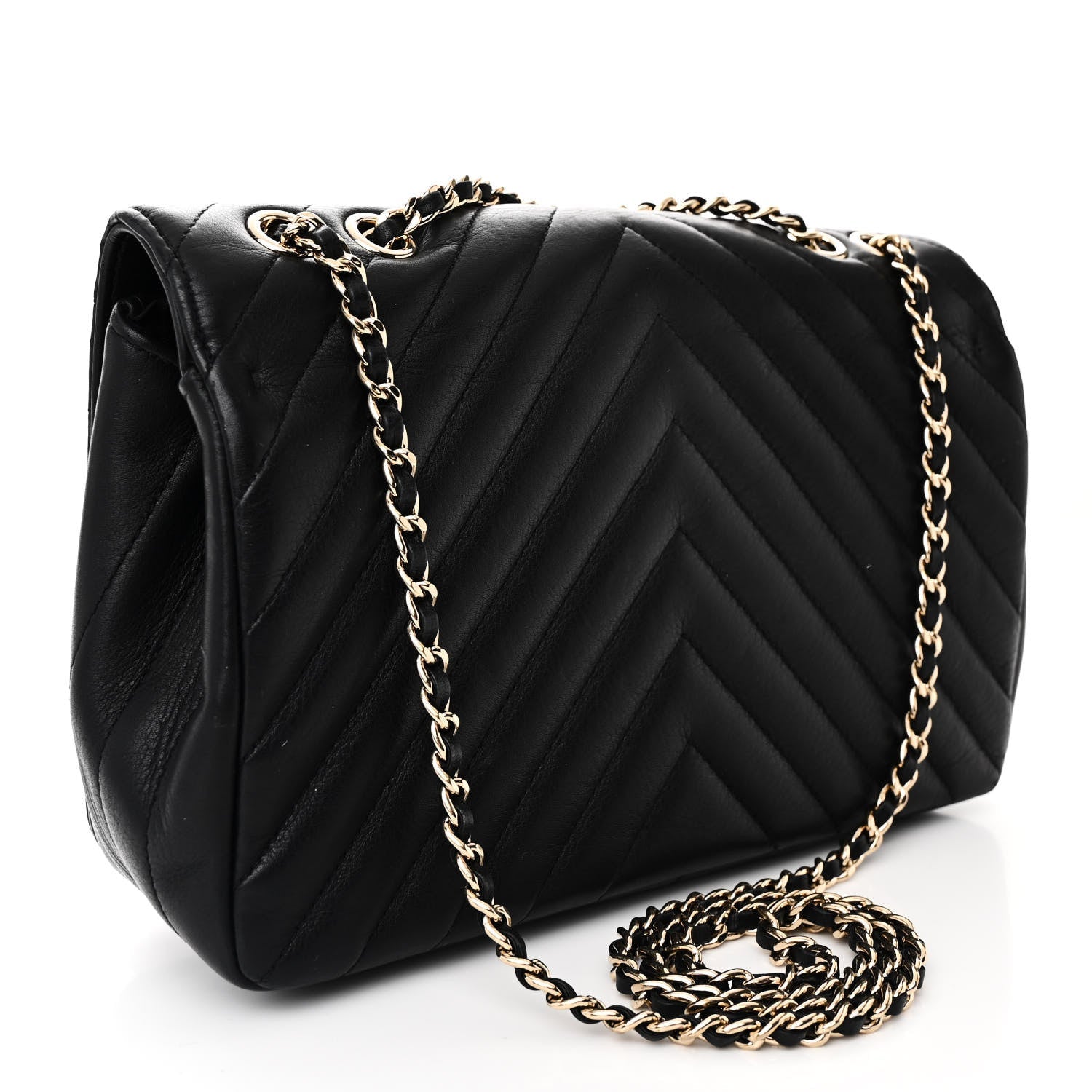 Calfskin Chevron Quilted Small Statement Flap Black