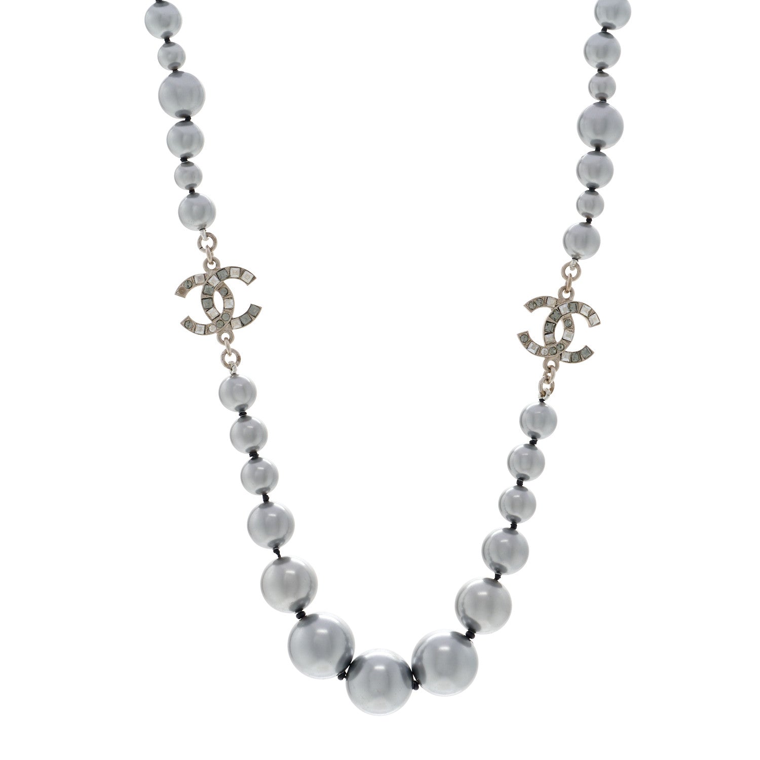 Crystal Baguette Graduated Pearl CC Short Necklace Silver Grey