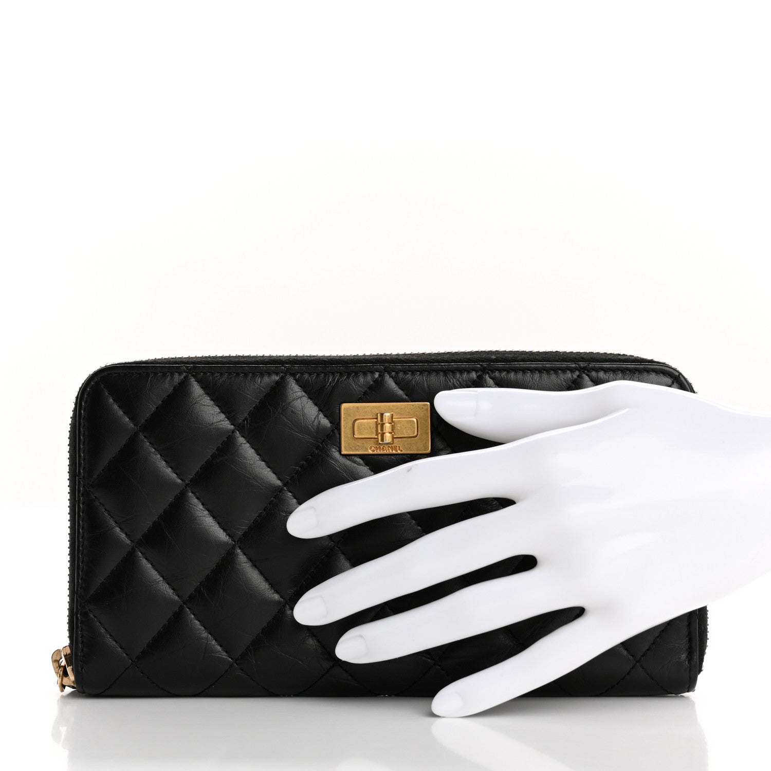 Aged Calfskin Quilted Reissue Large Gusset Zip Around Wallet Black