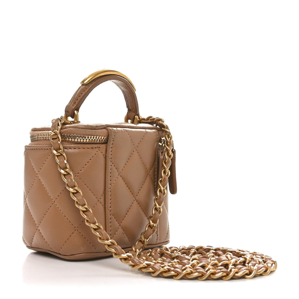 Lambskin Quilted Metal Mini Top Handle Vanity Case With Chain Beige